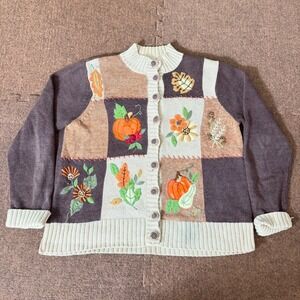 Tiara International Fall Patchwork Cardigan Pumpkin Embroidered Sweater Brown L